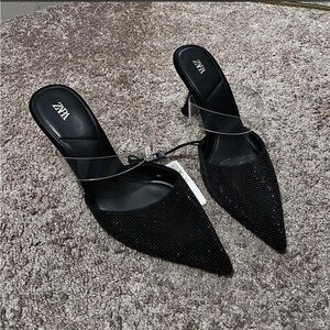 Zara Black Rhinestone Kitten Clear Band Heels